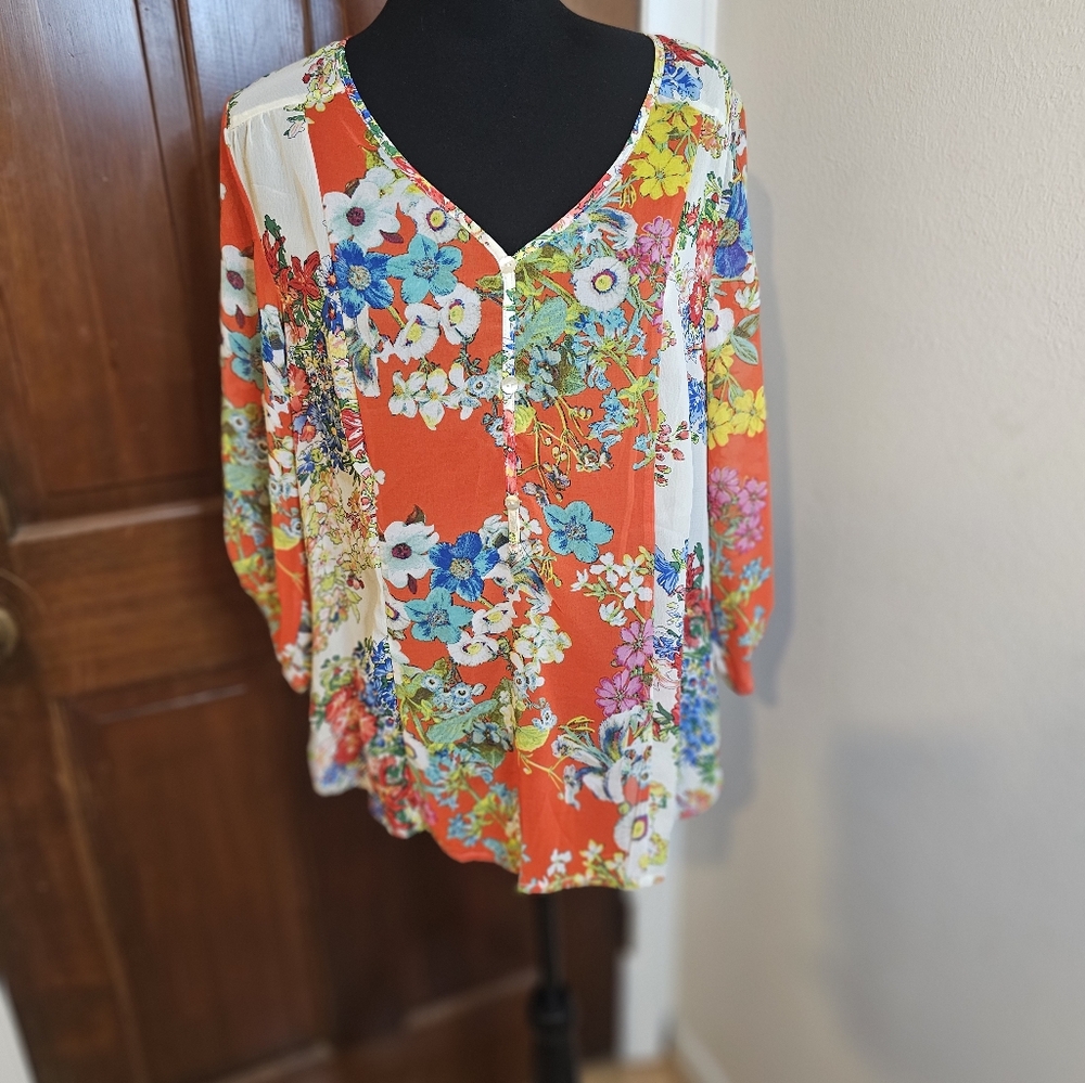 Fig and Flowers orangish red floral shirt